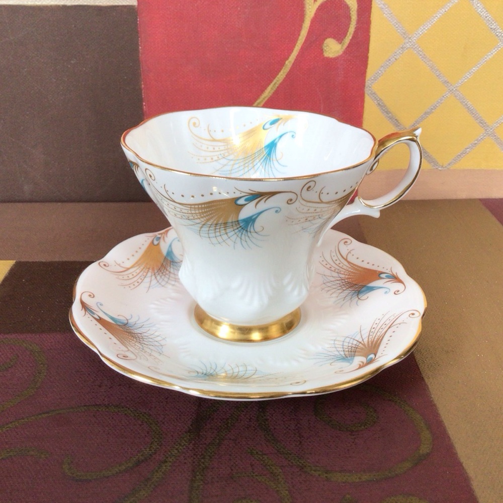 Royal Albert Gold And Teal Feathers Teacup And Saucer